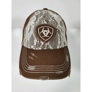 Ariat Distressed Lace Overlay Front Women's Strapback Hat Cap Embroidered Brown